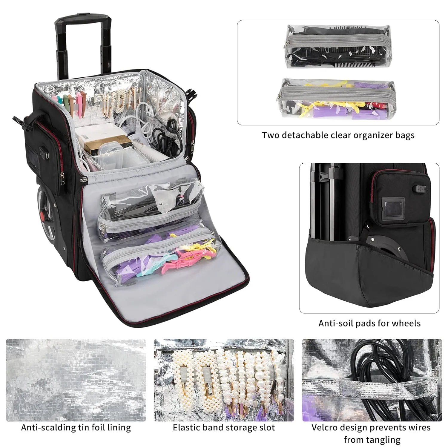 OCHEAL Large Makeup Train Case with 4 Clear Travel Makeup Bags Set, Cosmetic Makeup Case for Hairstylist, Hairdresser Storage Bag with Detachable Pouch,Heat Insulation and Anti-scalding Full layer