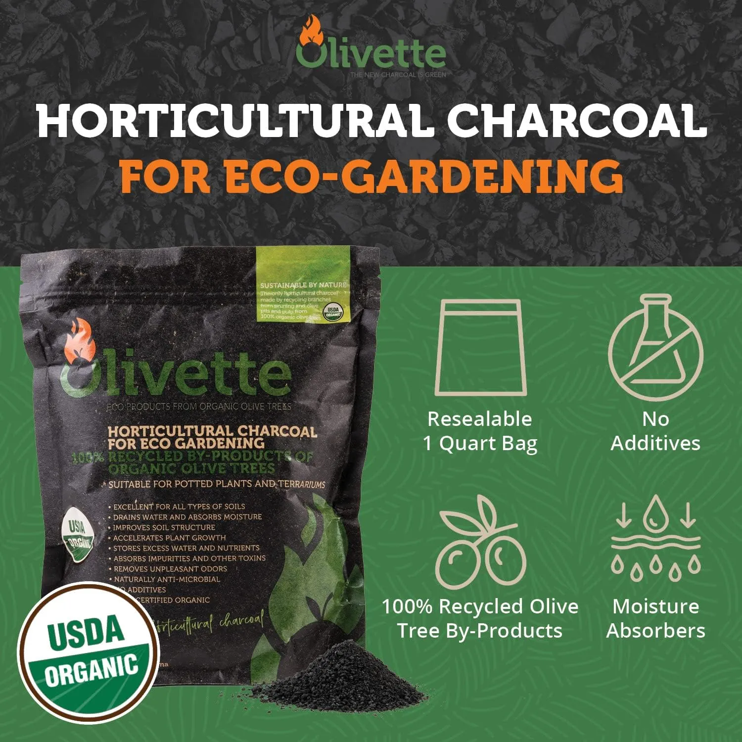 Olivette Horticultural Activated Charcoal for Plants Terrarium Horticulture Moisture Absorbers | Terrarium Supplies | USDA Organic Certified | Made from Recycled Olive Tree Byproducts | 3 Bags