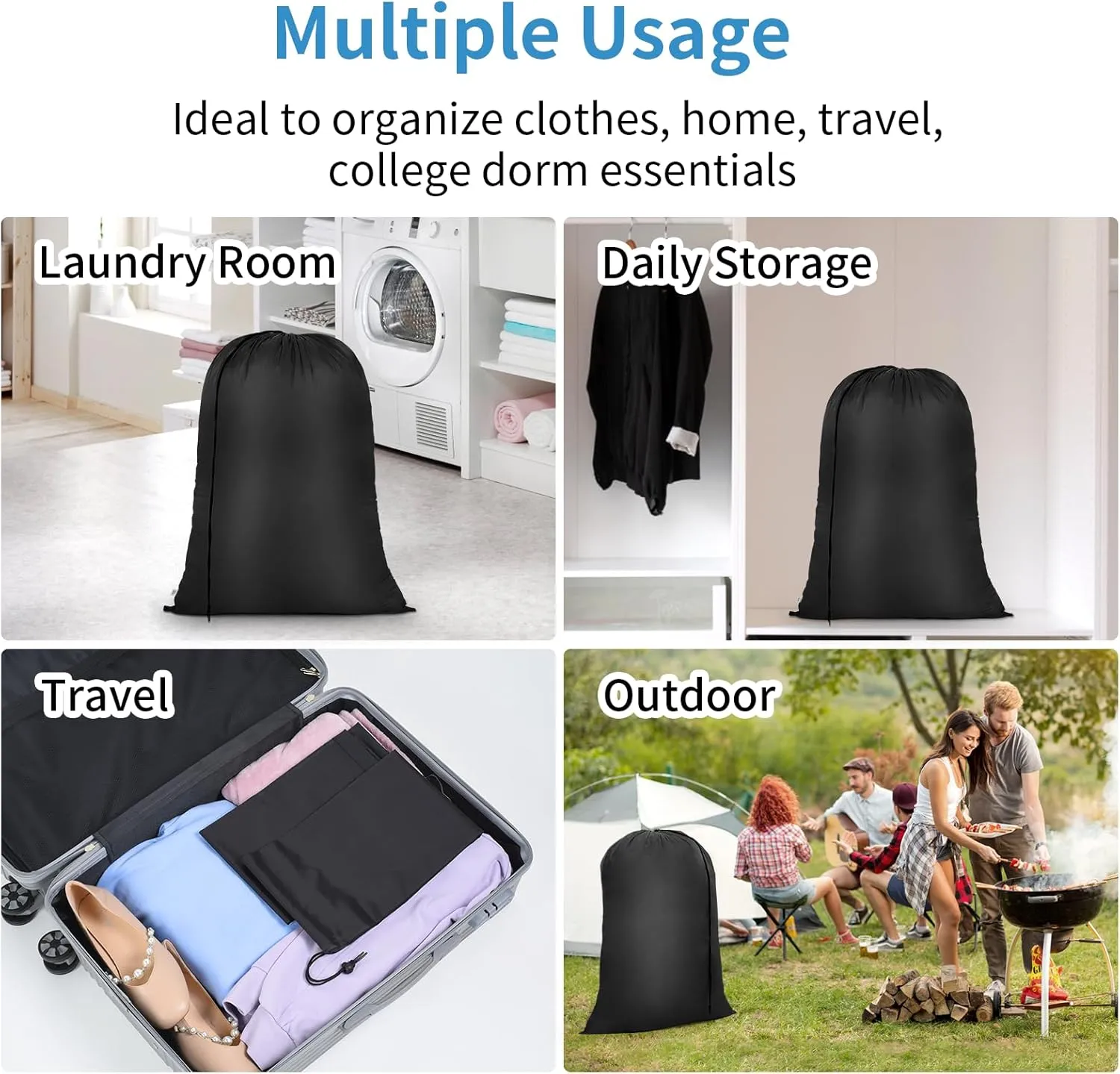 OTraki 2 Pack Large Laundry Bag 28 x 40 inch Heavy Duty Dirty Laundry Bags Dirty Clothes Bag Organizer Drawstring Laundry Hamper Bag Travel Laundry Bag for Camp, Home, College, Dorm Black