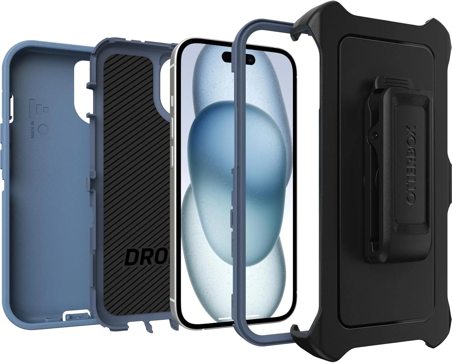 OtterBox IPhone 15 Defender Series Case - BABY BLUE JEANS (Blue), Screenless, Rugged & Durable, with Port Protection, Includes Holster Clip kickstand