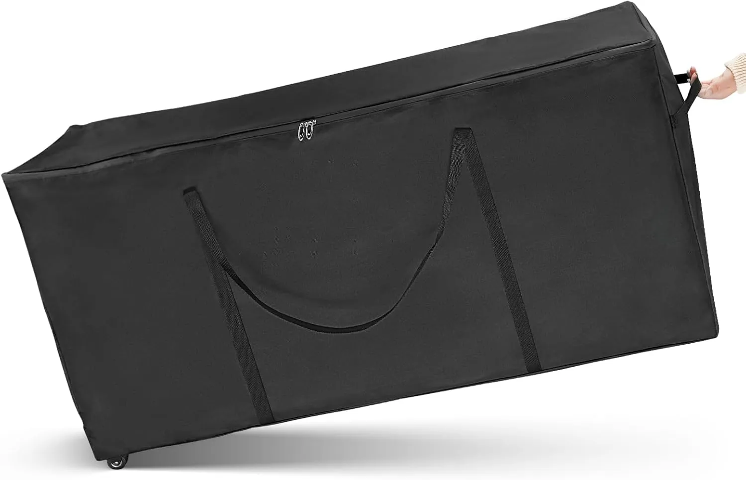 Outdoor Rolling Cushion Storage Bag, 600D Zippered Large Patio Cushion Furniture Storage Bag with Wheel and Handle Waterproof 7.5 ft Christmas Tree Storage Bags- 50x15x25 Inch, Black