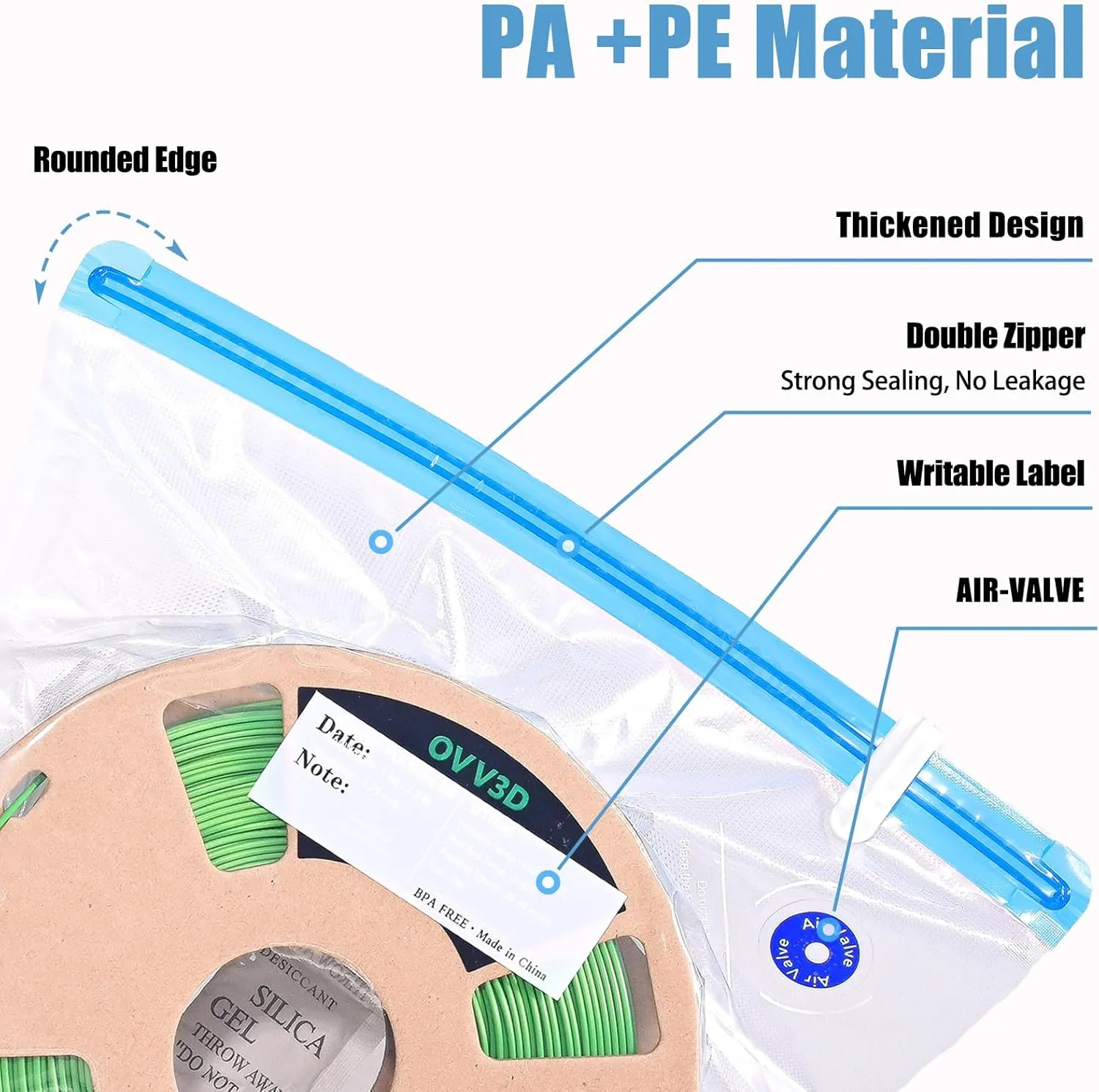 OVV3D Filament Storage Bags Kit 105pcs, 50 Bags Plus Size 32x34cm 3D Printer Filament Storage Vacuum Sealed Kit with 50pcs Desiccant, Perfect for 3D Filament Storage or Using After Filament Dryer Box