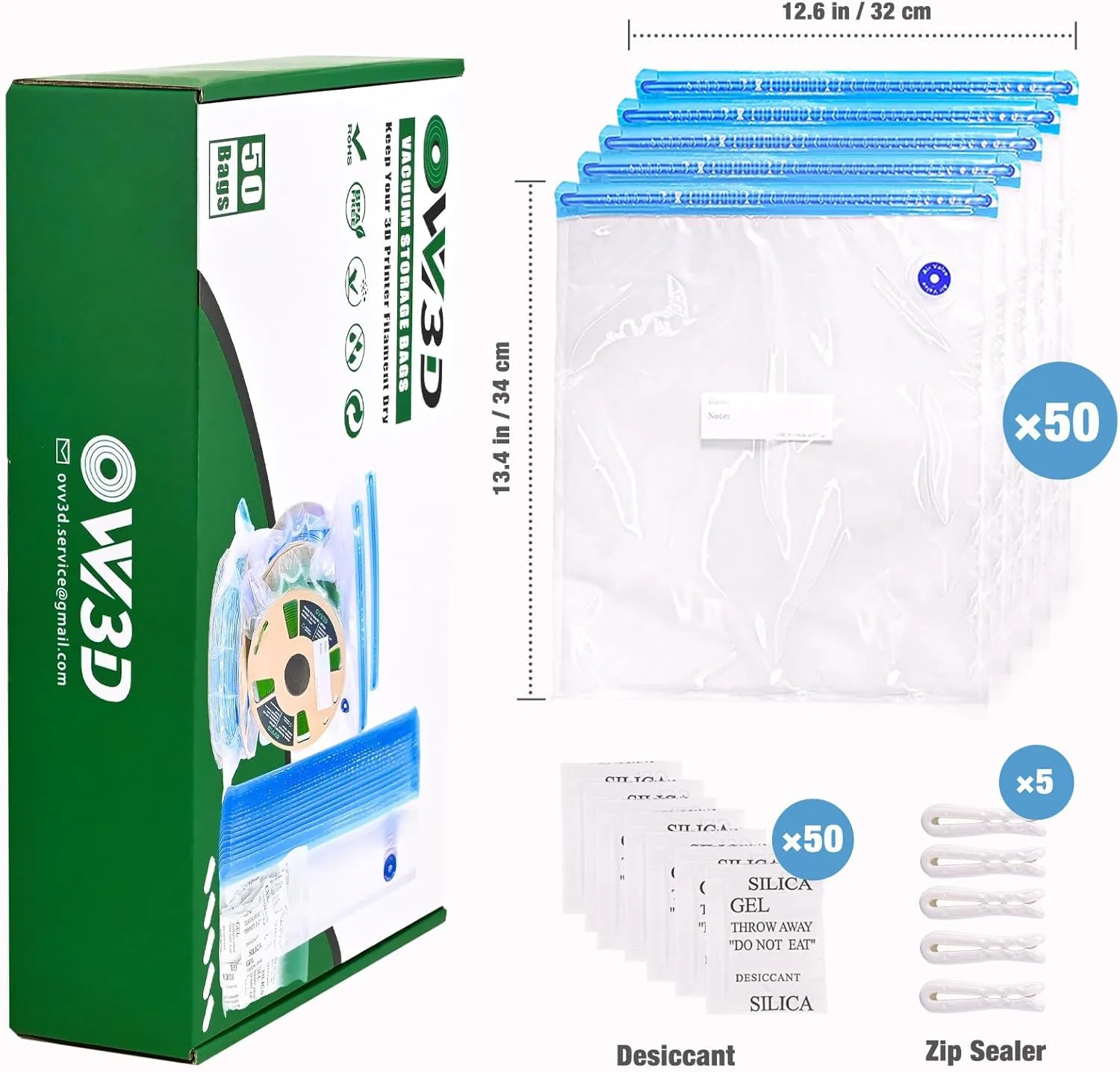 OVV3D Filament Storage Bags Kit 105pcs, 50 Bags Plus Size 32x34cm 3D Printer Filament Storage Vacuum Sealed Kit with 50pcs Desiccant, Perfect for 3D Filament Storage or Using After Filament Dryer Box