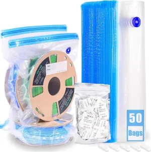 OVV3D Filament Storage Bags Kit 105pcs, 50 Bags Plus Size 32x34cm 3D Printer Filament Storage Vacuum Sealed Kit with 50pcs Desiccant, Perfect for 3D Filament Storage or Using After Filament Dryer Box