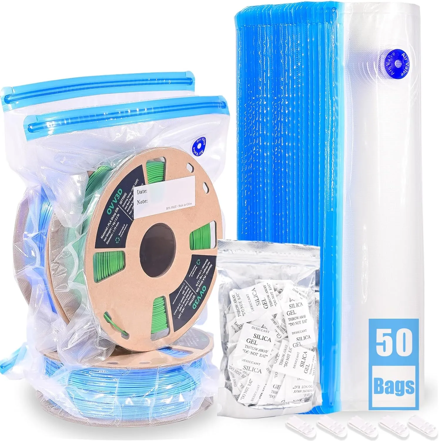 OVV3D Filament Storage Bags Kit 105pcs, 50 Bags Plus Size 32x34cm 3D Printer Filament Storage Vacuum Sealed Kit with 50pcs Desiccant, Perfect for 3D Filament Storage or Using After Filament Dryer Box