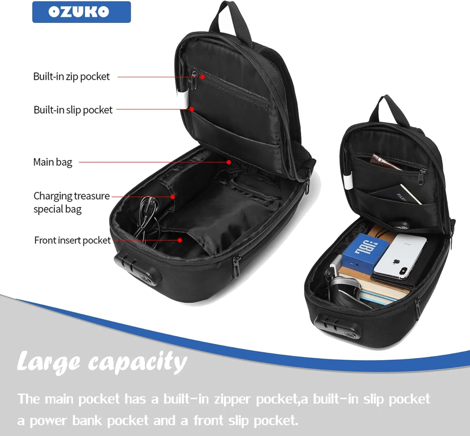 OZUKO Anti Theft crossbody Sling Bag for Men, Waterproof Chest Daypack with USB Charging Port & Adjustable Strap for Daily