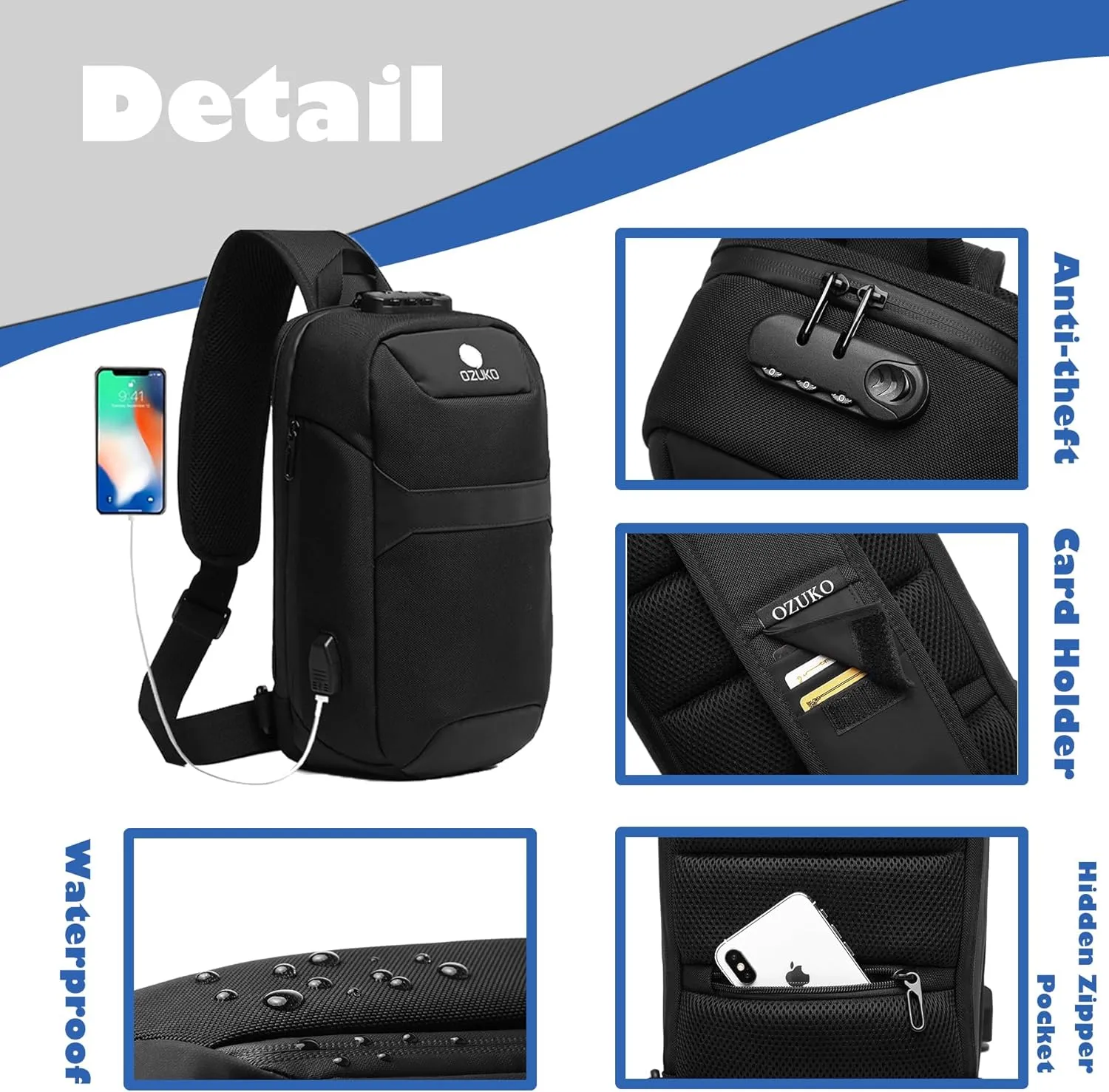 OZUKO Anti Theft crossbody Sling Bag for Men, Waterproof Chest Daypack with USB Charging Port & Adjustable Strap for Daily