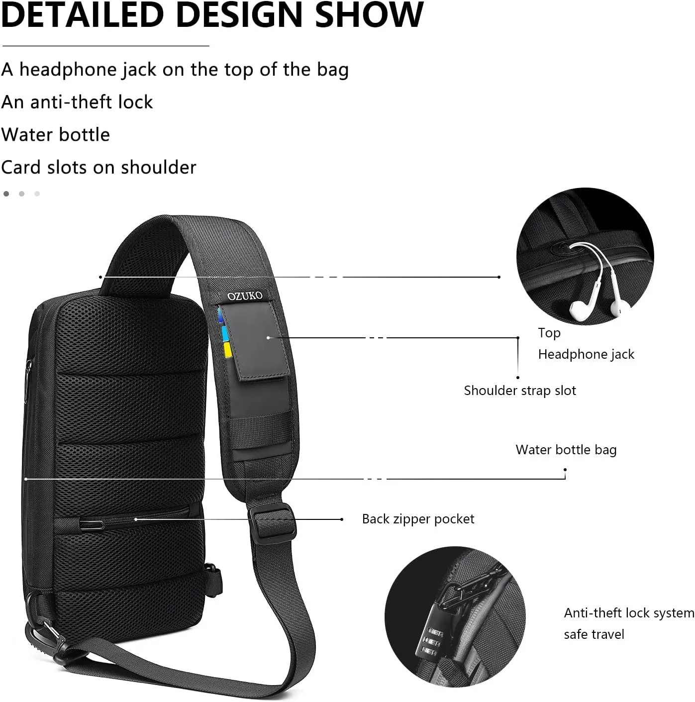 OZUKO Anti Theft Crossbody Sling Bag, Large Waterproof Shoulder Chest Bag Backpack with USB Charging Lightweight Casual Backpacks (Blue)