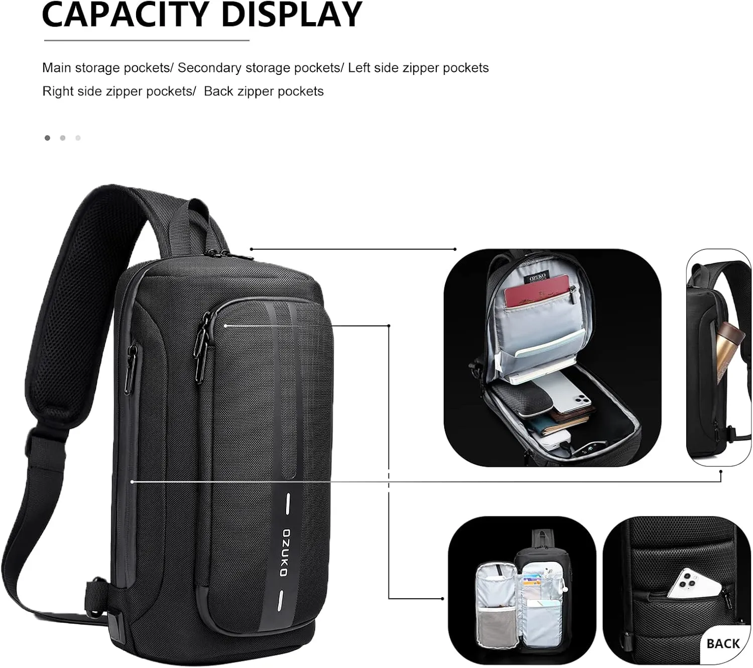 OZUKO Anti Theft Crossbody Sling Bag, Large Waterproof Shoulder Chest Bag Backpack with USB Charging Lightweight Casual Backpacks (Blue)