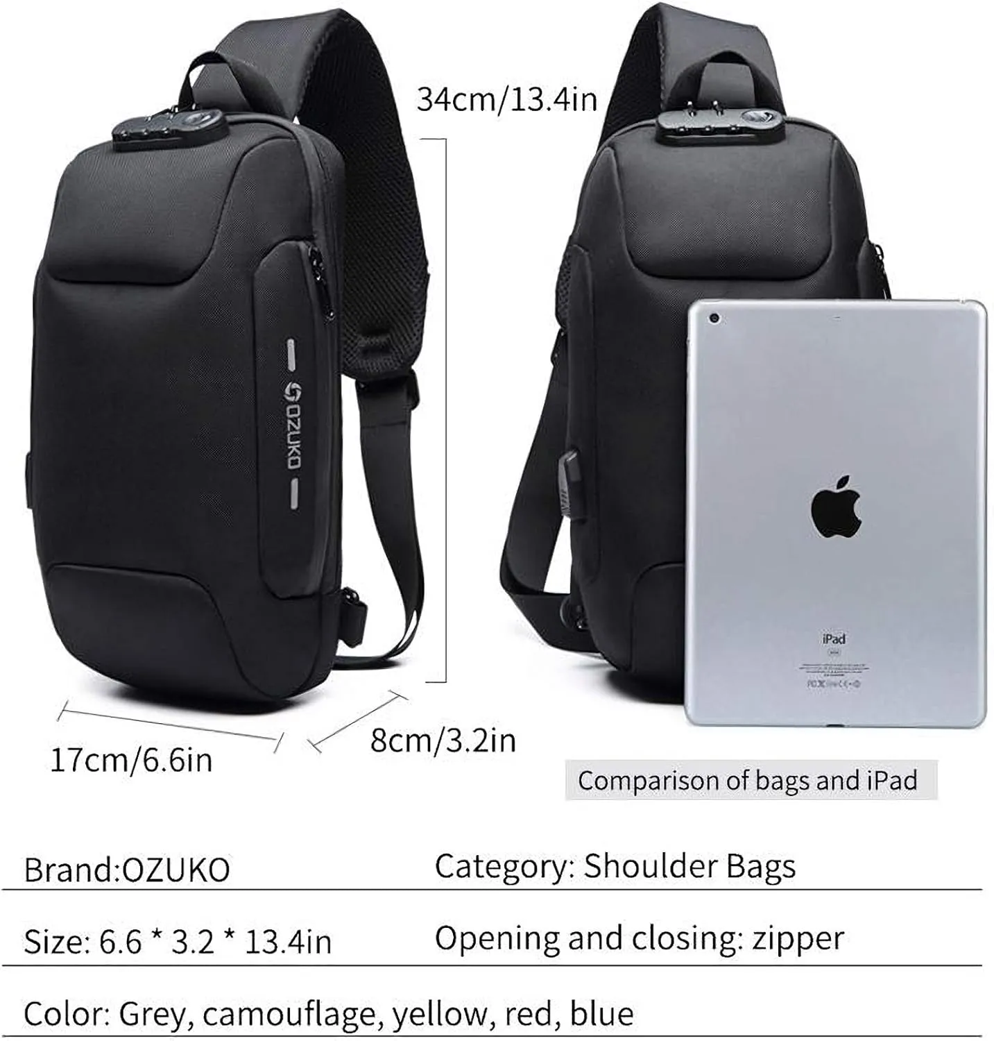 OZUKO Sling Backpack for Men - Anti-Theft Crossbody Bag, Waterproof with USB Charging Port(Blue)