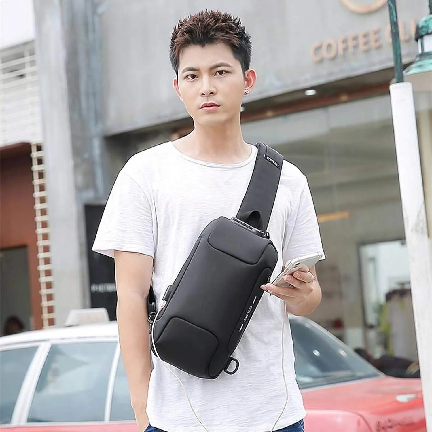 OZUKO Sling Backpack for Men - Anti-Theft Crossbody Bag, Waterproof with USB Charging Port(Blue)