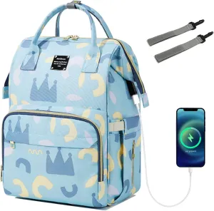 Pañaleras Para Bebe Niño Blue Diaper Bags Backpack Baby Bag Waterproof Diaper Bags with USB Charging Port Stroller Straps 18.5 Inch Blue
