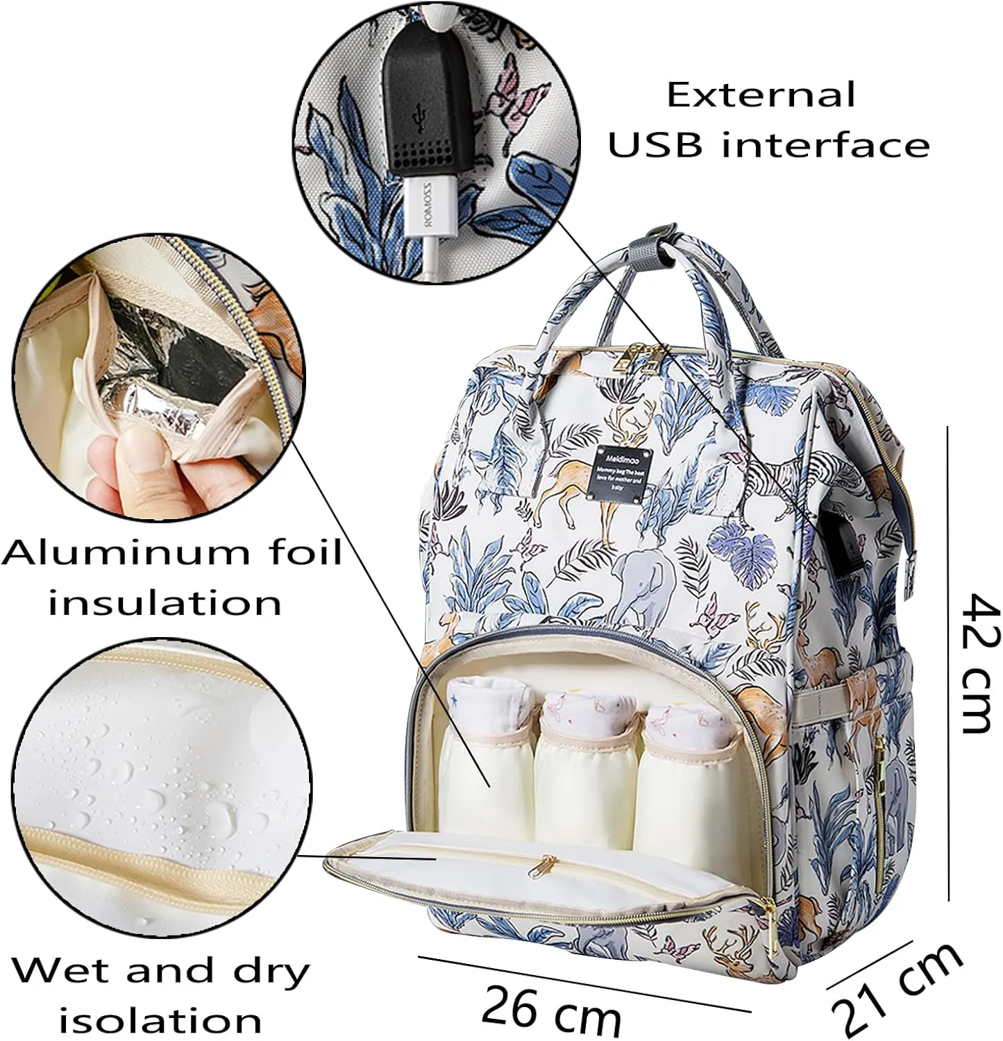 Pañaleras Para Bebe Niño Blue Diaper Bags Backpack Baby Bag Waterproof Diaper Bags with USB Charging Port Stroller Straps 18.5 Inch Blue