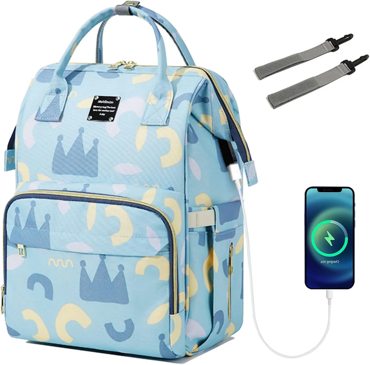 Pañaleras Para Bebe Niño Blue Diaper Bags Backpack Baby Bag Waterproof Diaper Bags with USB Charging Port Stroller Straps 18.5 Inch Blue