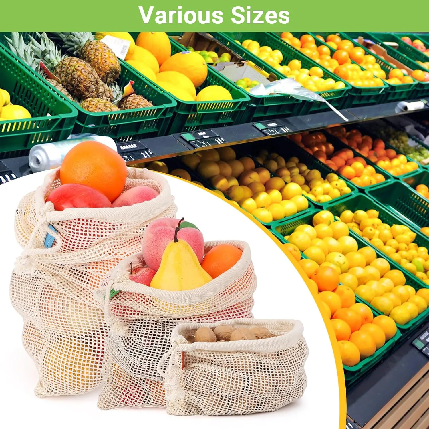 Pack of 6 Reusable Produce Bags Washable, 3 Sizes (2xS 2xM 2xL) Reusable Grocery Bags Heavy Duty Cotton Bag Mesh Bags for Vegetables, Enhanced Closure Edge, Double Stitched, with Tare Weight