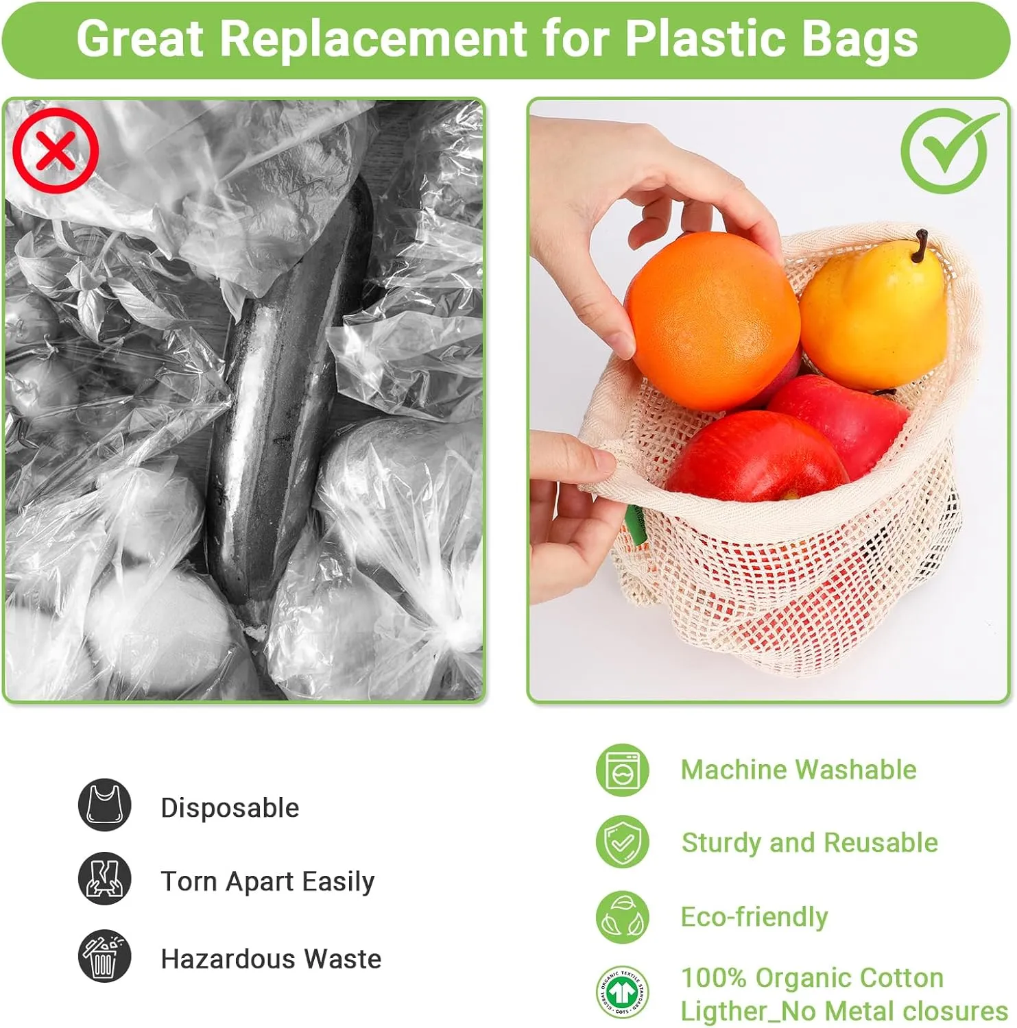 Pack of 6 Reusable Produce Bags Washable, 3 Sizes (2xS 2xM 2xL) Reusable Grocery Bags Heavy Duty Cotton Bag Mesh Bags for Vegetables, Enhanced Closure Edge, Double Stitched, with Tare Weight