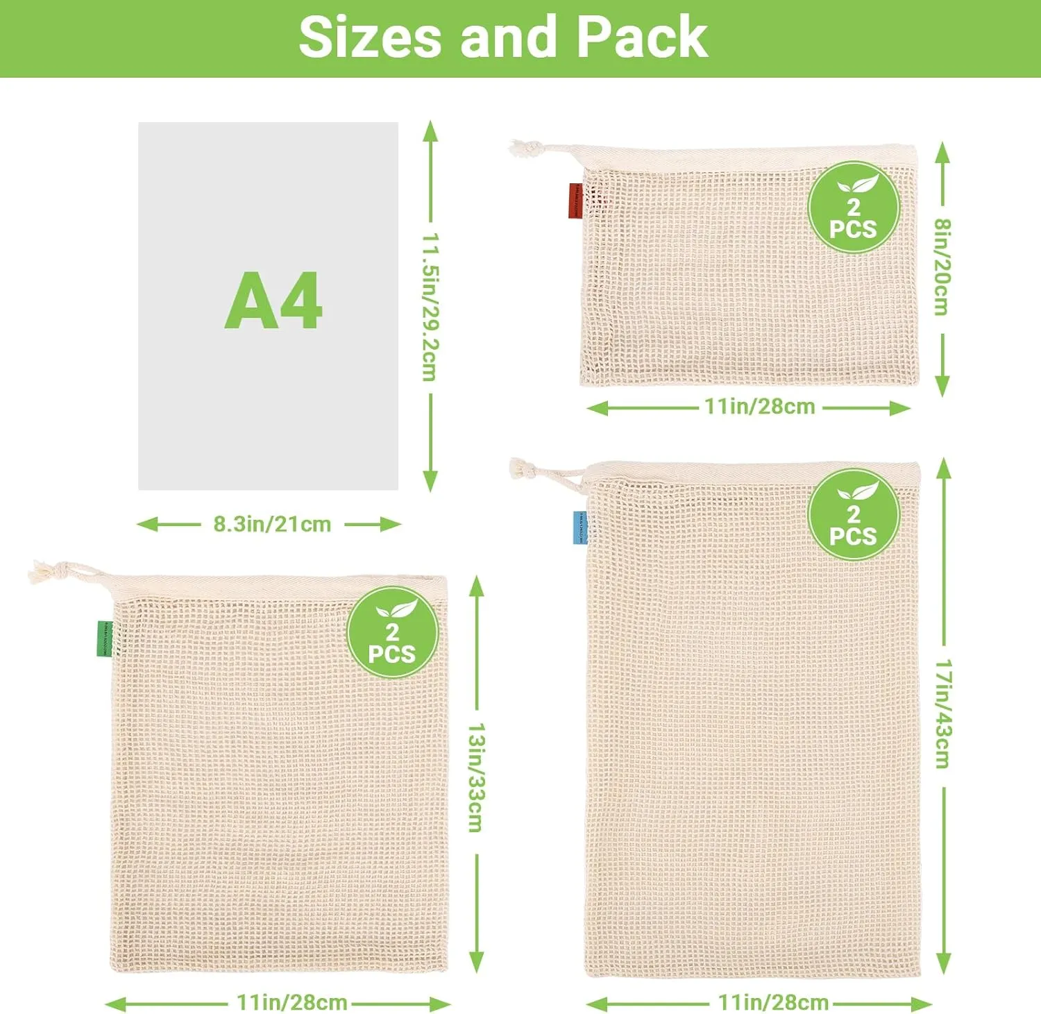 Pack of 6 Reusable Produce Bags Washable, 3 Sizes (2xS 2xM 2xL) Reusable Grocery Bags Heavy Duty Cotton Bag Mesh Bags for Vegetables, Enhanced Closure Edge, Double Stitched, with Tare Weight