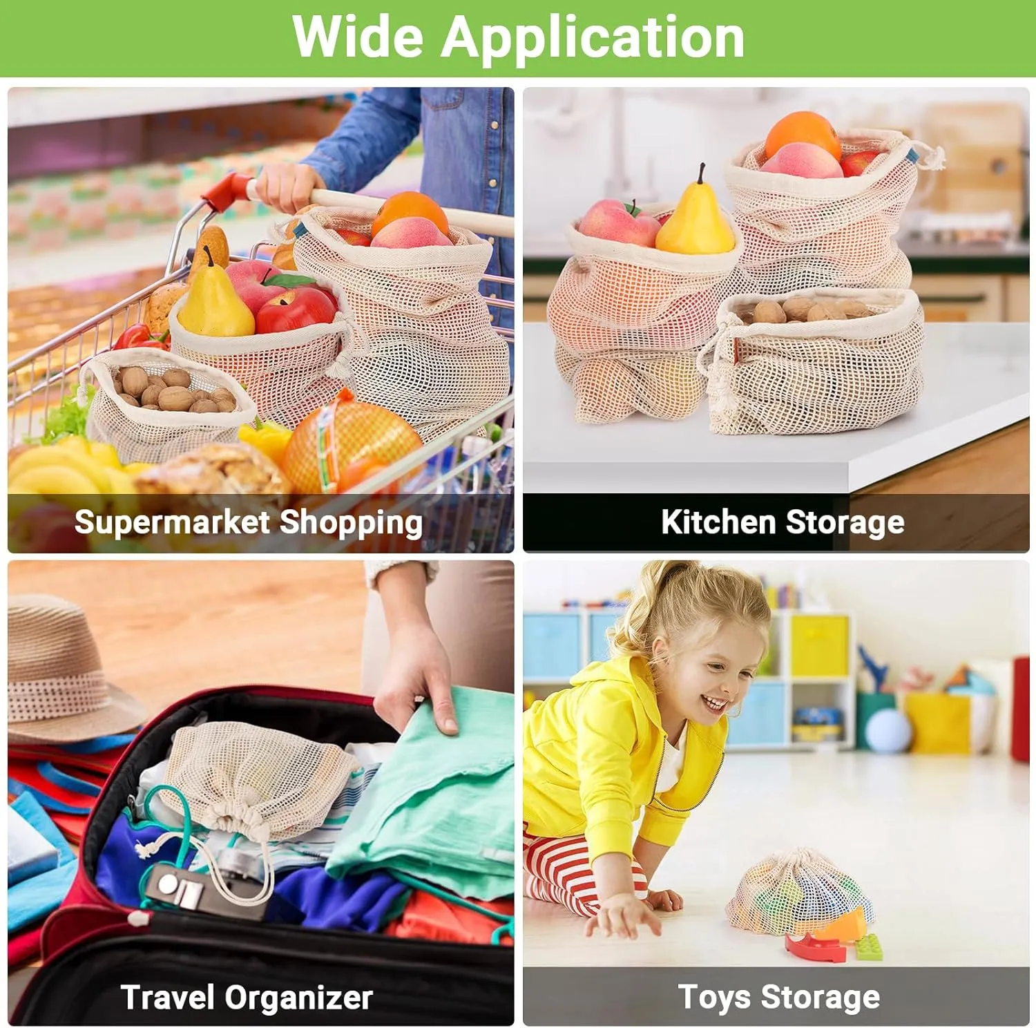 Pack of 6 Reusable Produce Bags Washable, 3 Sizes (2xS 2xM 2xL) Reusable Grocery Bags Heavy Duty Cotton Bag Mesh Bags for Vegetables, Enhanced Closure Edge, Double Stitched, with Tare Weight