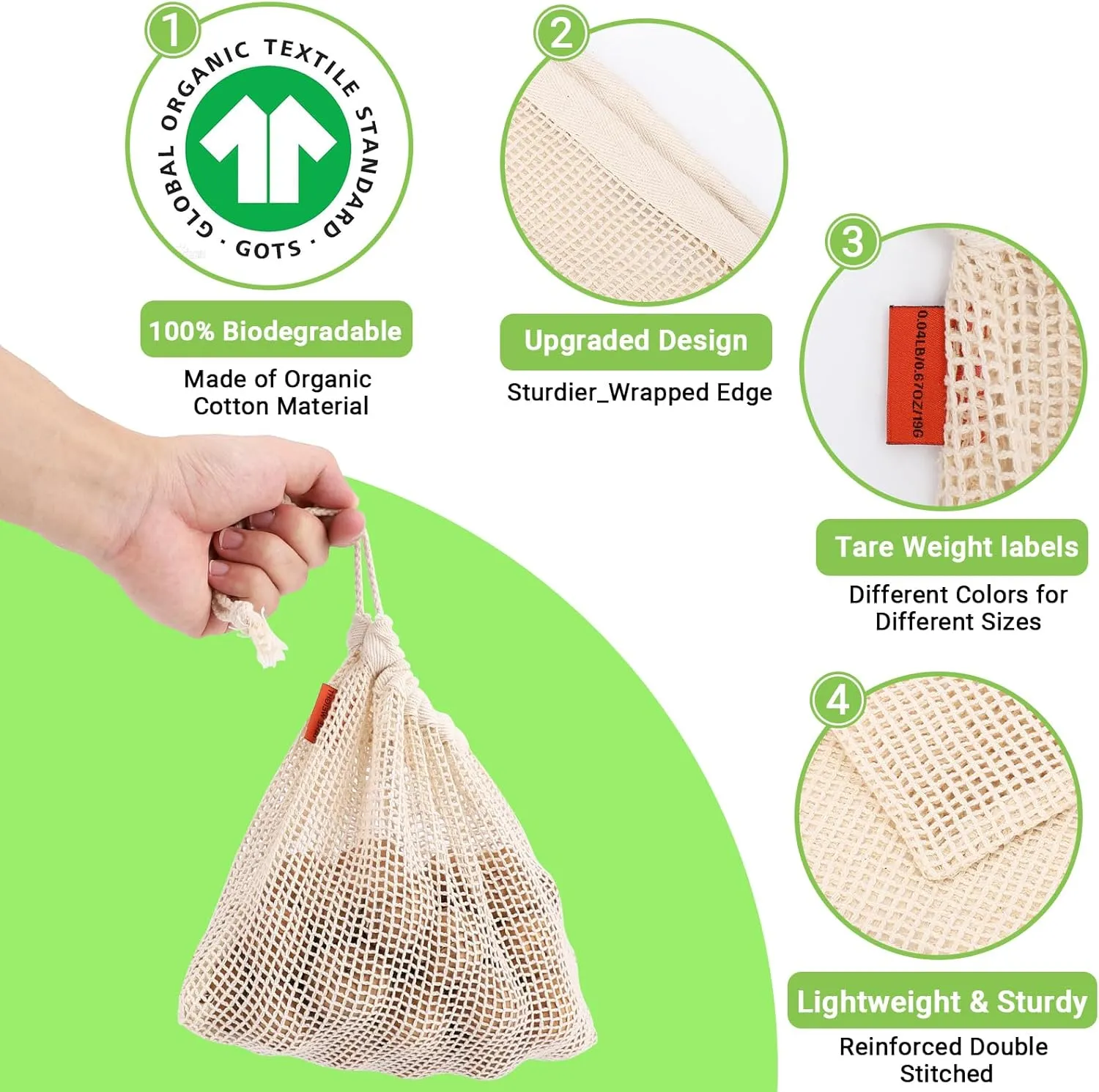 Pack of 6 Reusable Produce Bags Washable, 3 Sizes (2xS 2xM 2xL) Reusable Grocery Bags Heavy Duty Cotton Bag Mesh Bags for Vegetables, Enhanced Closure Edge, Double Stitched, with Tare Weight