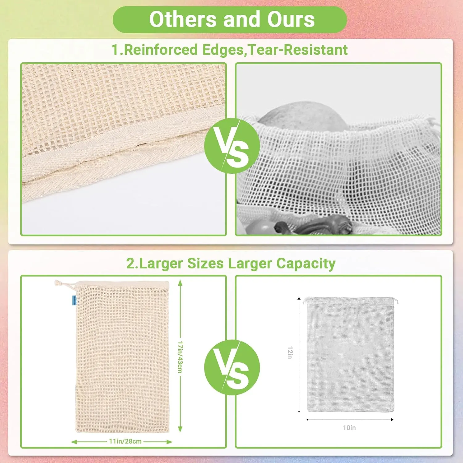 Pack of 6 Reusable Produce Bags Washable, 3 Sizes (2xS 2xM 2xL) Reusable Grocery Bags Heavy Duty Cotton Bag Mesh Bags for Vegetables, Enhanced Closure Edge, Double Stitched, with Tare Weight