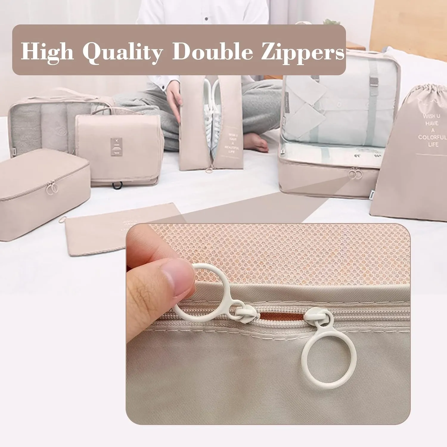 Packing Cubes for Travel, AVITORO 8 Pcs Travel Suitcases Lightweight Essential Bag with Toiletries Clothes Shoes Cosmetics Toiletries, For 18-32'' Luggage (Beige)