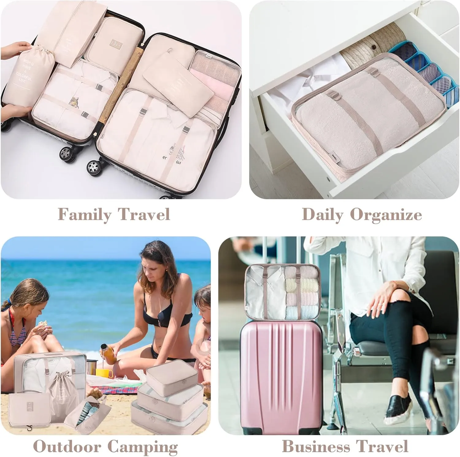 Packing Cubes for Travel, AVITORO 8 Pcs Travel Suitcases Lightweight Essential Bag with Toiletries Clothes Shoes Cosmetics Toiletries, For 18-32'' Luggage (Beige)