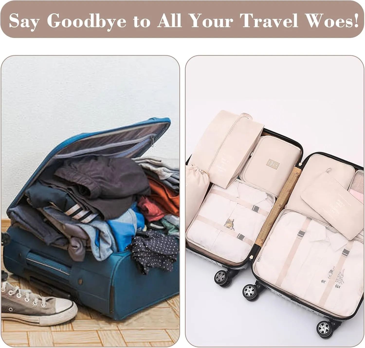 Packing Cubes for Travel, AVITORO 8 Pcs Travel Suitcases Lightweight Essential Bag with Toiletries Clothes Shoes Cosmetics Toiletries, For 18-32'' Luggage (Beige)