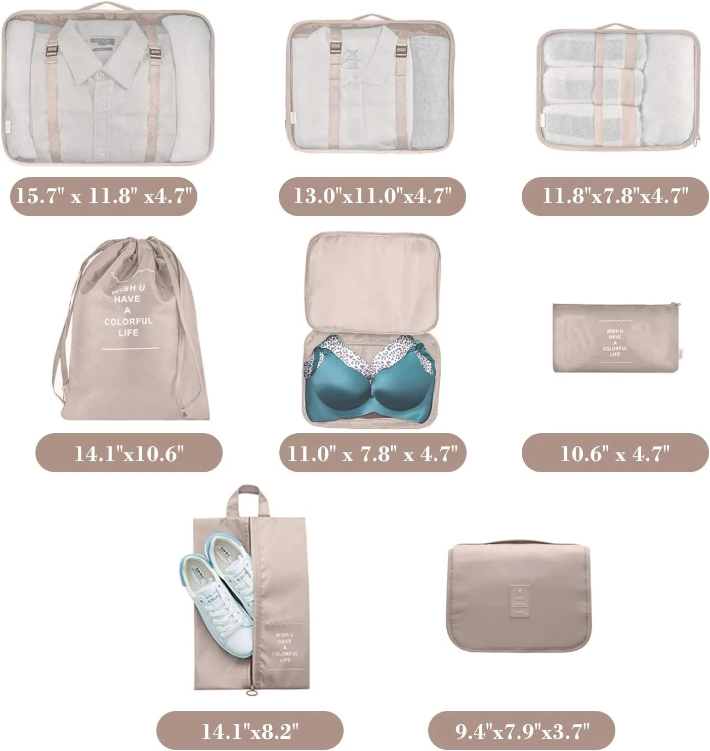 Packing Cubes for Travel, AVITORO 8 Pcs Travel Suitcases Lightweight Essential Bag with Toiletries Clothes Shoes Cosmetics Toiletries, For 18-32'' Luggage (Beige)