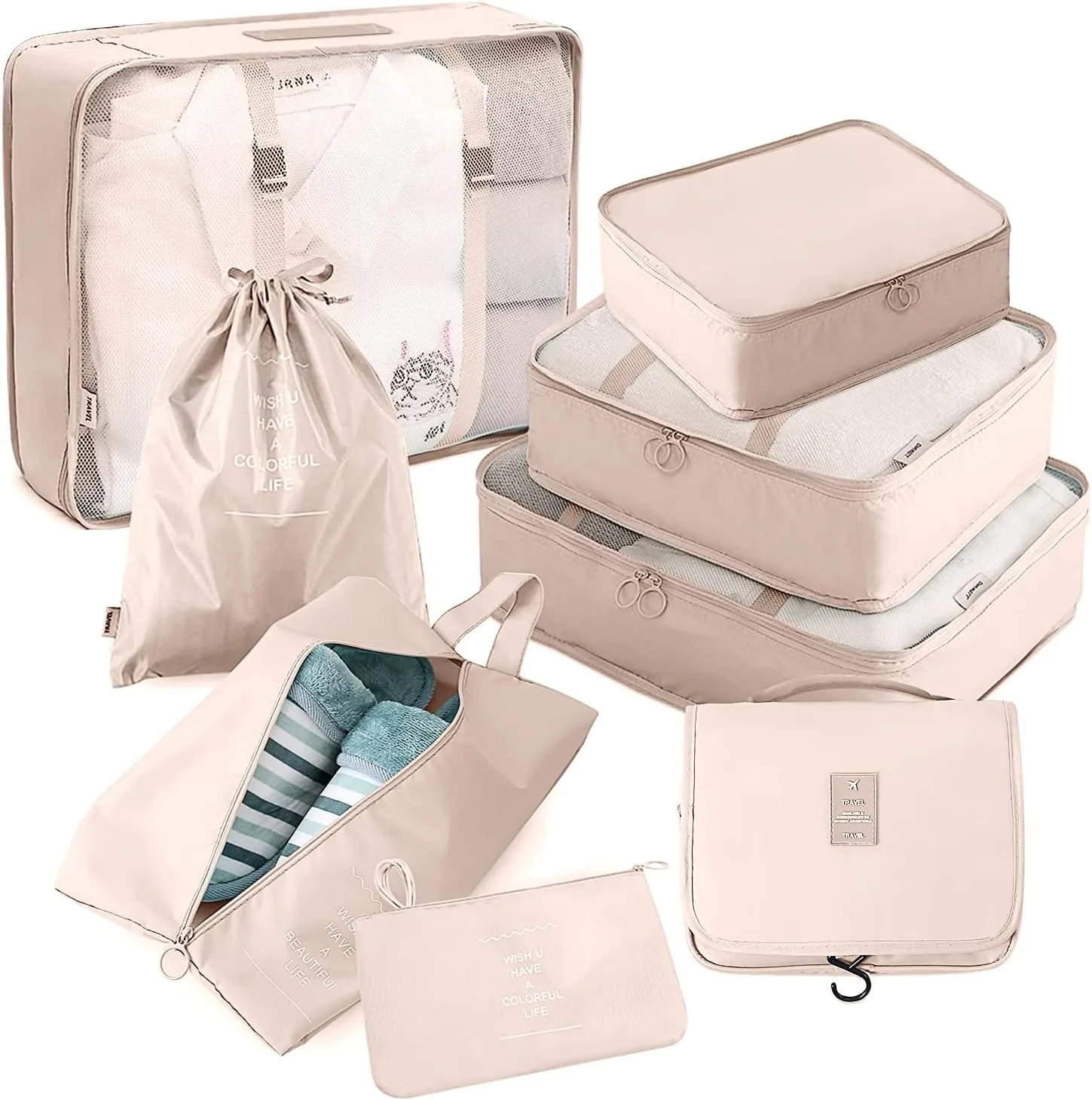 Packing Cubes for Travel, AVITORO 8 Pcs Travel Suitcases Lightweight Essential Bag with Toiletries Clothes Shoes Cosmetics Toiletries, For 18-32'' Luggage (Beige)
