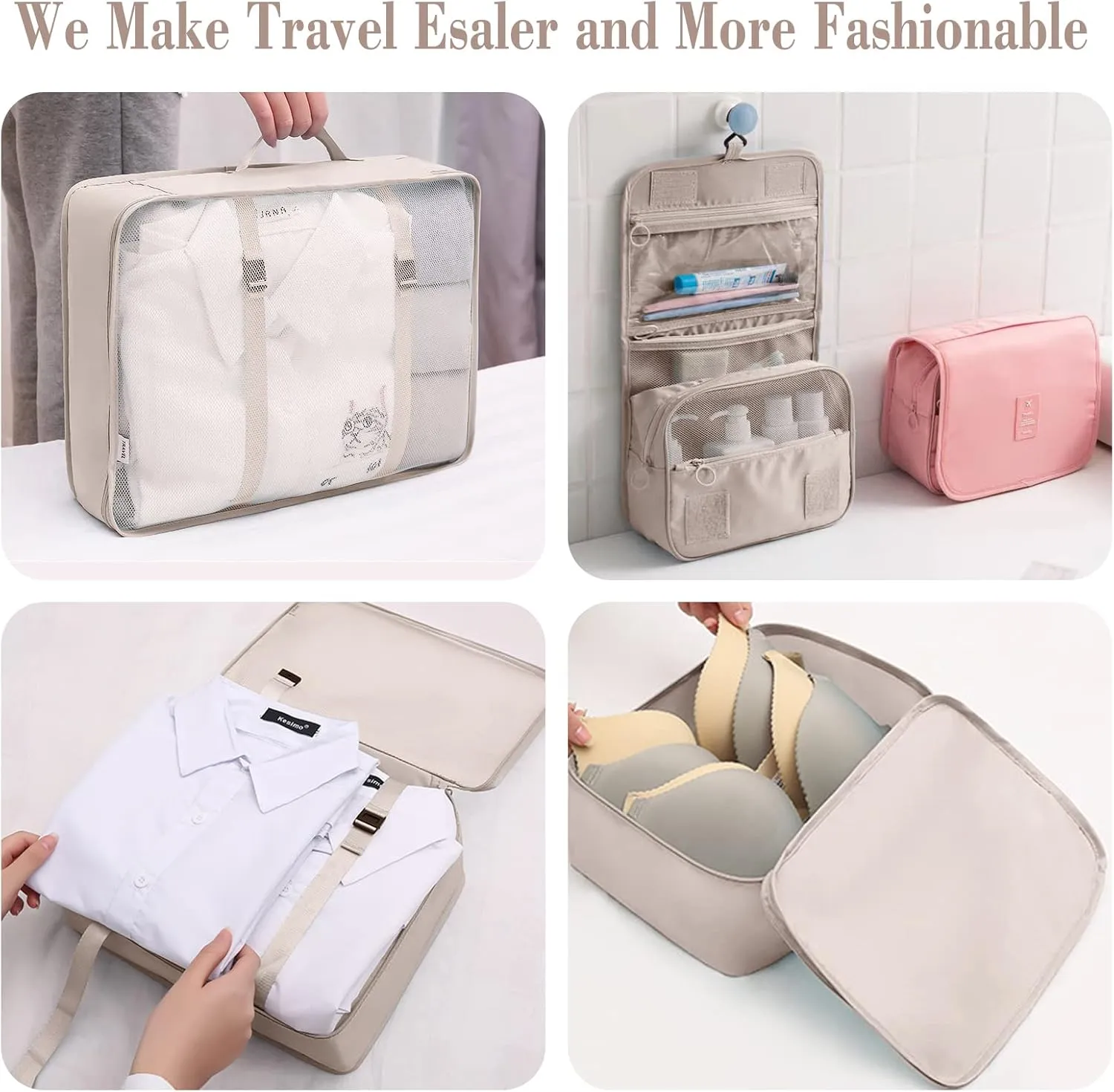 Packing Cubes for Travel, AVITORO 8 Pcs Travel Suitcases Lightweight Essential Bag with Toiletries Clothes Shoes Cosmetics Toiletries, For 18-32'' Luggage (Beige)