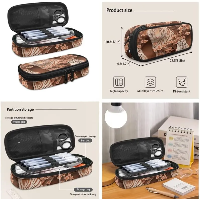 Paper Carving Tiger School Bag Floral Orange Tiger Primary Junior High School Bag Teens Shoulder Lunch Box and Pen Case Bag Girls 3 in 1 Boys Backpack Sets