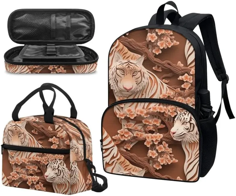 Paper Carving Tiger School Bag Floral Orange Tiger Primary Junior High School Bag Teens Shoulder Lunch Box and Pen Case Bag Girls 3 in 1 Boys Backpack Sets