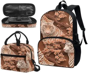 Paper Carving Tiger School Bag Floral Orange Tiger Primary Junior High School Bag Teens Shoulder Lunch Box and Pen Case Bag Girls 3 in 1 Boys Backpack Sets