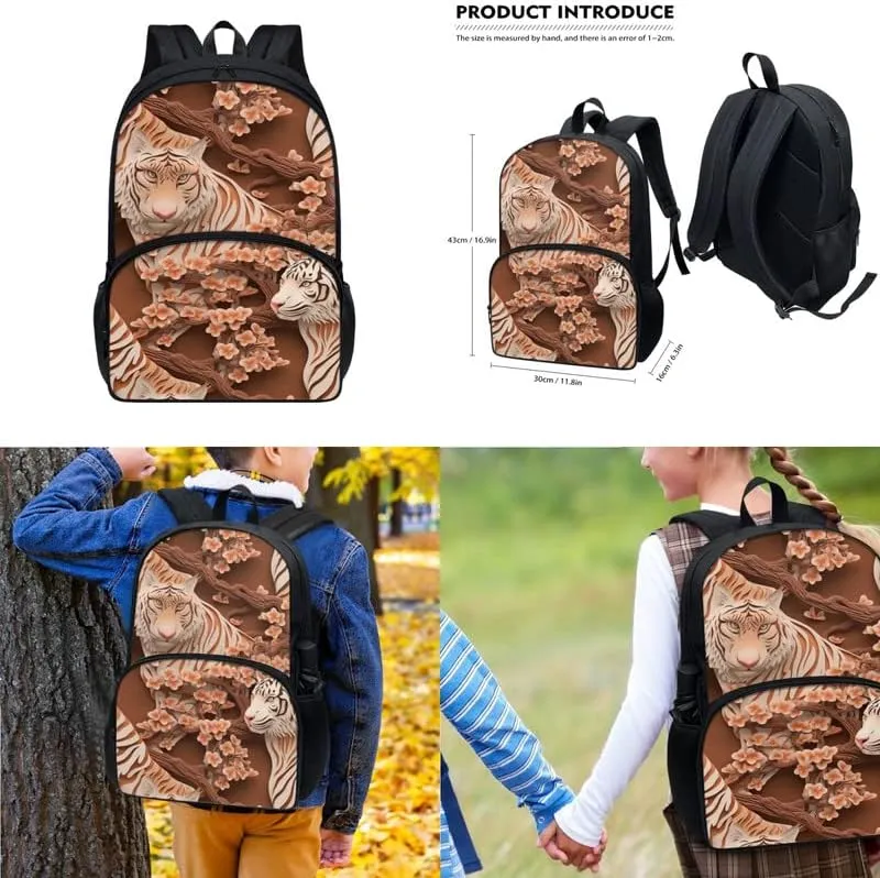 Paper Carving Tiger School Bag Floral Orange Tiger Primary Junior High School Bag Teens Shoulder Lunch Box and Pen Case Bag Girls 3 in 1 Boys Backpack Sets