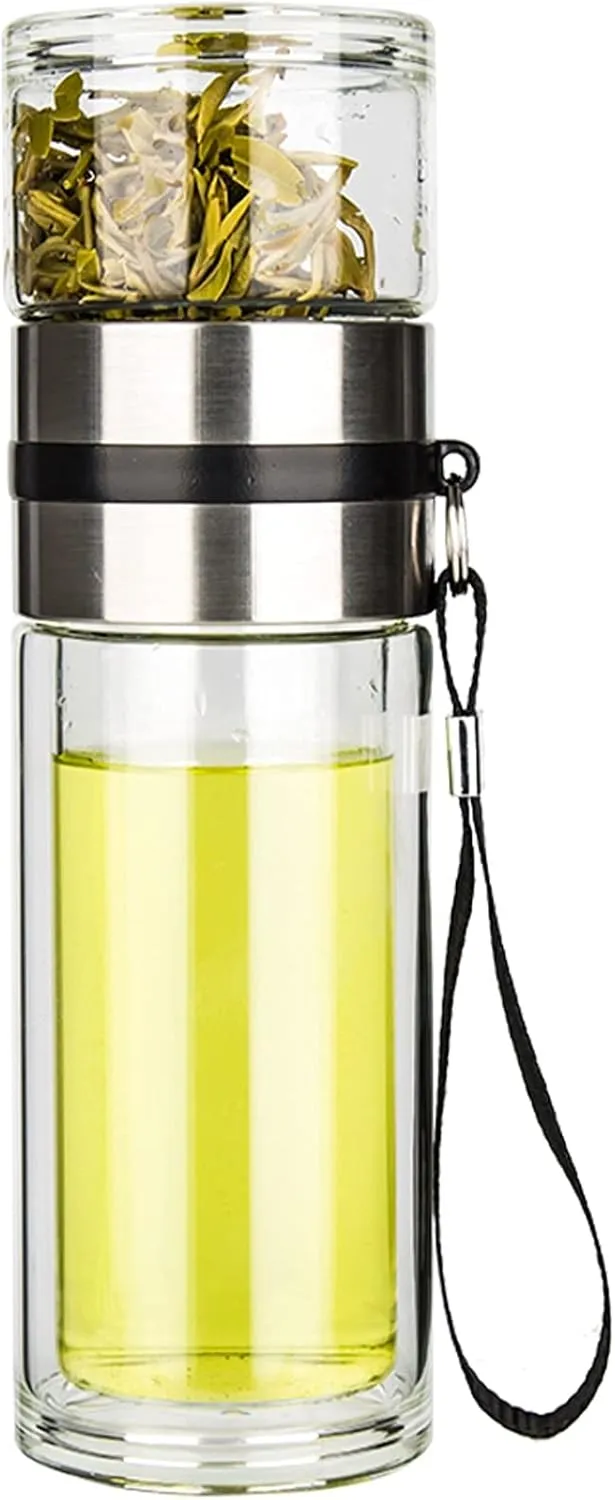 PARACITY Glass Tea Infuser Bottle Tea Flood Cup Double Wall Borosilicate Portable Travel Tumbler Mug Leakproof for Loose Leaf Flower Herbal Tea Bags 13 OZ/380ML