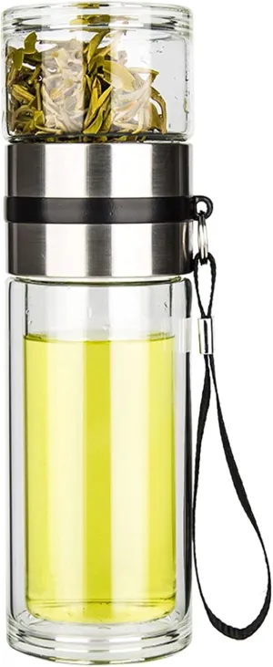 PARACITY Glass Tea Infuser Bottle Tea Flood Cup Double Wall Borosilicate Portable Travel Tumbler Mug Leakproof for Loose Leaf Flower Herbal Tea Bags 13 OZ/380ML