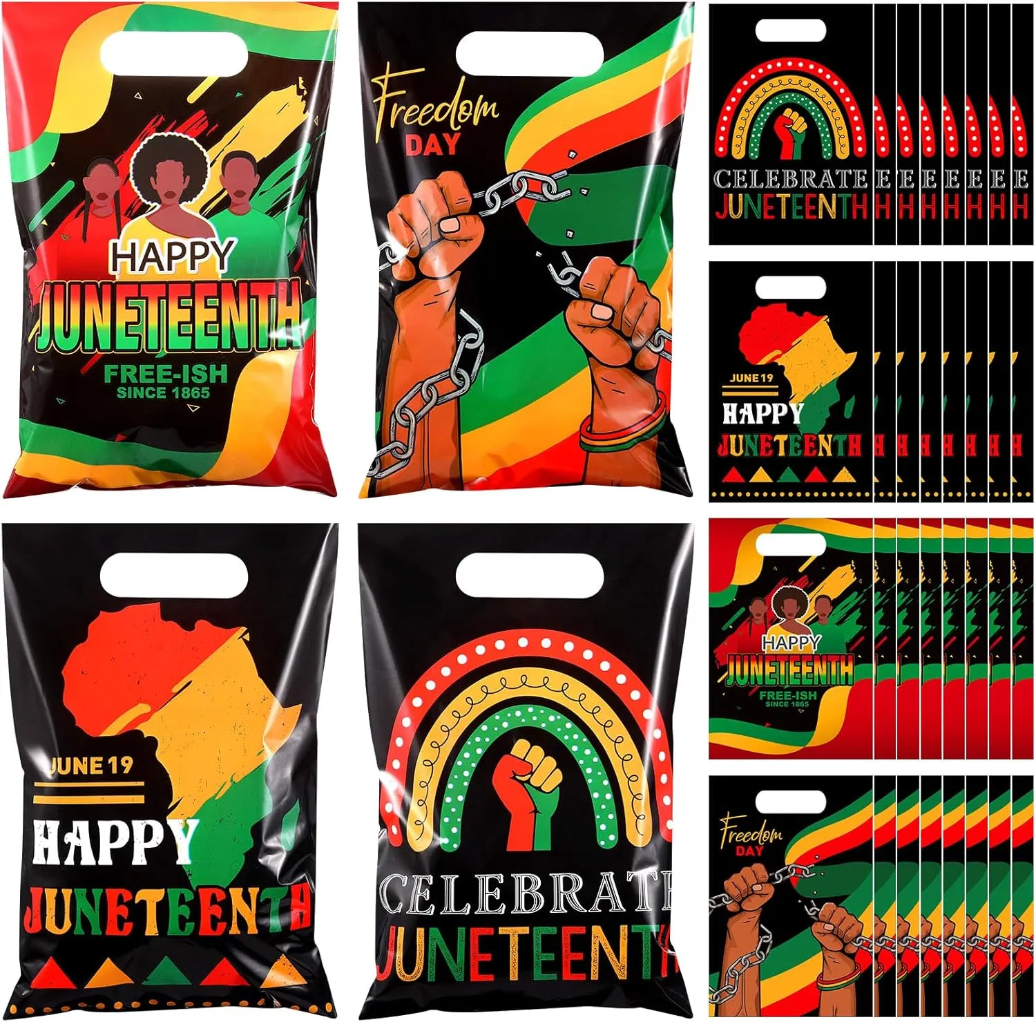 Pasimy 100 Pcs Happy Juneteenth Bags Plastic Juneteenth Party Gift Bags Bulk African American IndepeNdence Day Goody Candy Treat Baggie for June 19th Freedom Decoration Supplies