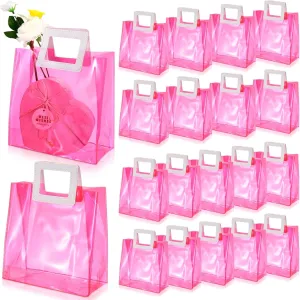 Paterr 20 Pcs Clear Reusable Gift Bags Wedding Wrap Tote Bag with Handles 7.9 x 8.3 x 3.9 Inch PVC Holographic Gift Favor Bags for Bridal Party Birthday Shower Mother's Day(Pink)