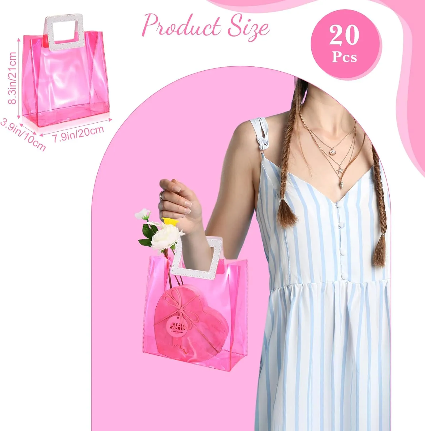 Paterr 20 Pcs Clear Reusable Gift Bags Wedding Wrap Tote Bag with Handles 7.9 x 8.3 x 3.9 Inch PVC Holographic Gift Favor Bags for Bridal Party Birthday Shower Mother's Day(Pink)