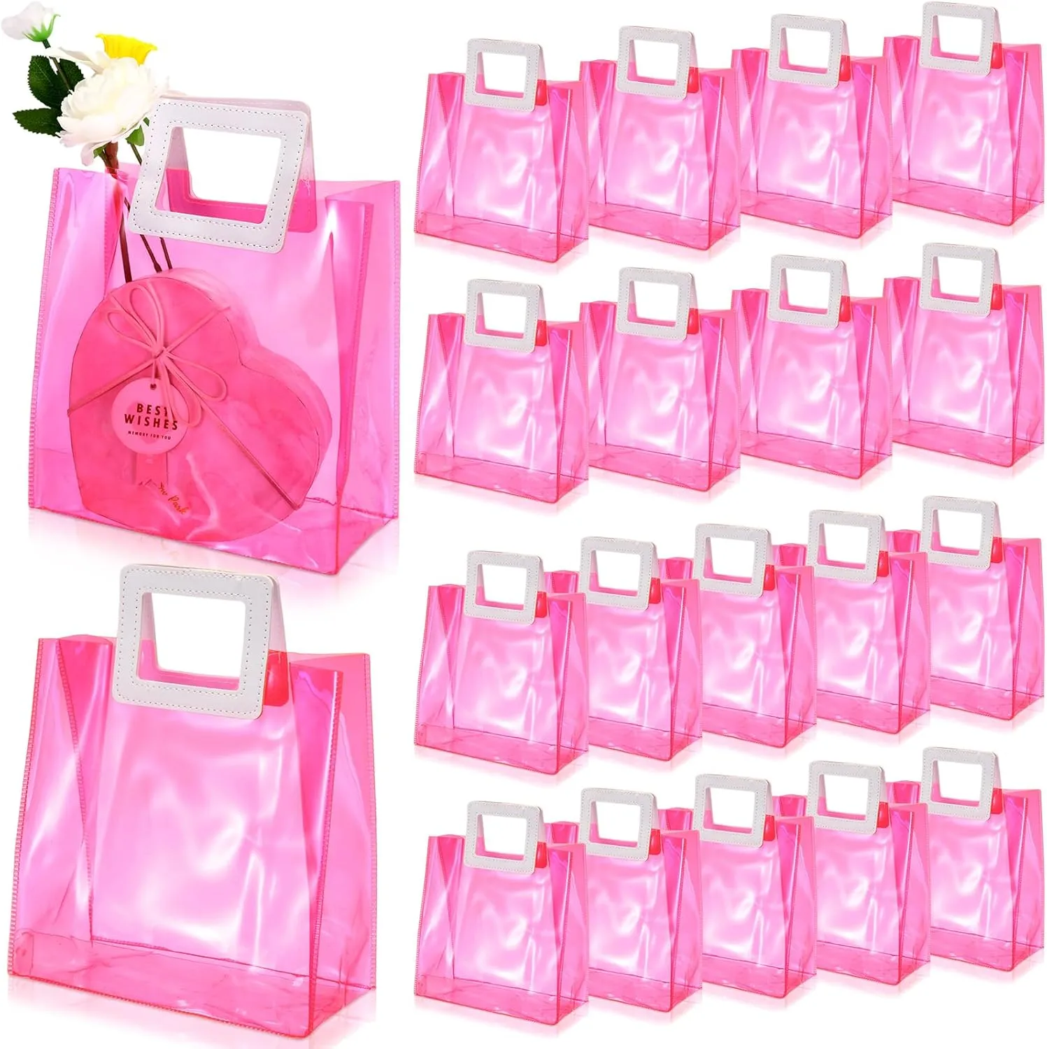 Paterr 20 Pcs Clear Reusable Gift Bags Wedding Wrap Tote Bag with Handles 7.9 x 8.3 x 3.9 Inch PVC Holographic Gift Favor Bags for Bridal Party Birthday Shower Mother's Day(Pink)