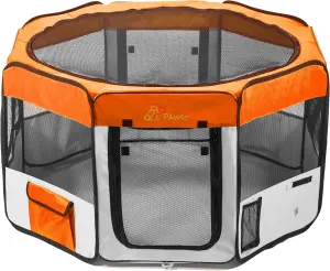 Pawer 45”×24” 8-Panel Foldable Pet Playpen, Orange Grey, Personalize Embroidery Extra Fabric Piece Available, for Cat/Dog/Puppy, 600D Oxford Cloth Portable Indoor & Outdoor Kennel with Carry Bag
