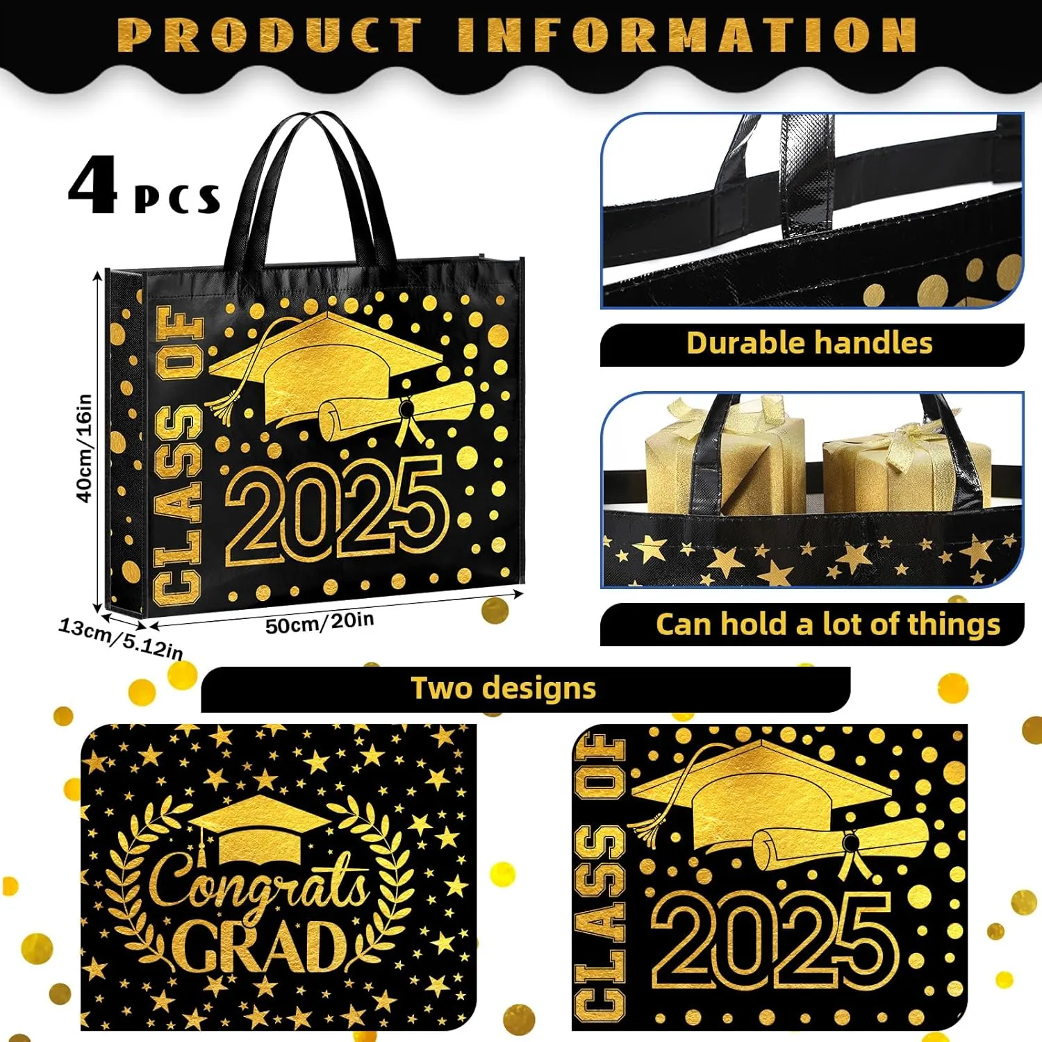 PerKoop 4 Pcs Extra Large Graduation Gift Bag 20 x 16 Inch Jumbo Black Gold Gift Bag Large Tote Bag with Handles Reusable Non Woven Gift Bags for College, High School, 8th Grade, Kindergarten, Nurse