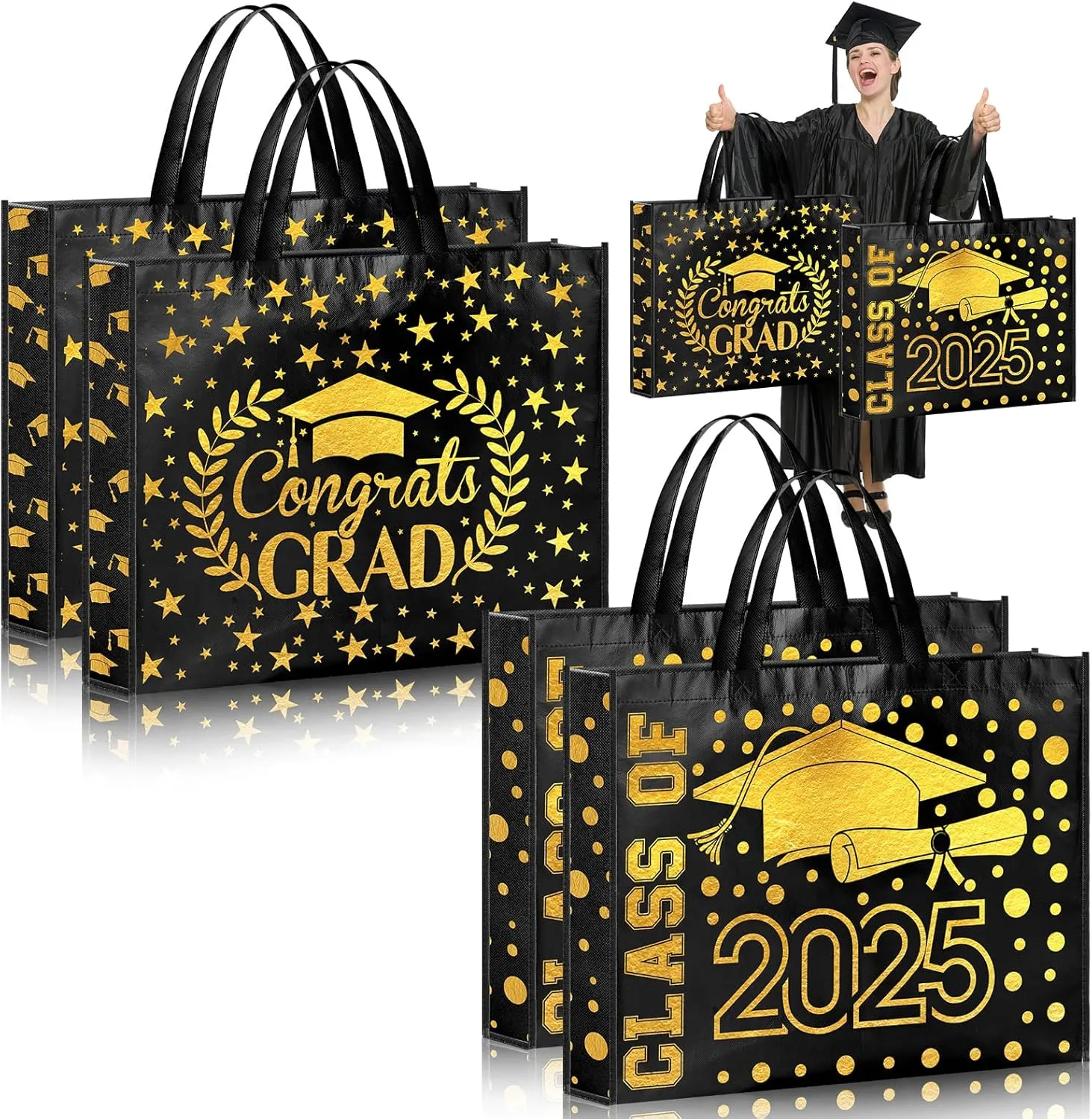 PerKoop 4 Pcs Extra Large Graduation Gift Bag 20 x 16 Inch Jumbo Black Gold Gift Bag Large Tote Bag with Handles Reusable Non Woven Gift Bags for College, High School, 8th Grade, Kindergarten, Nurse