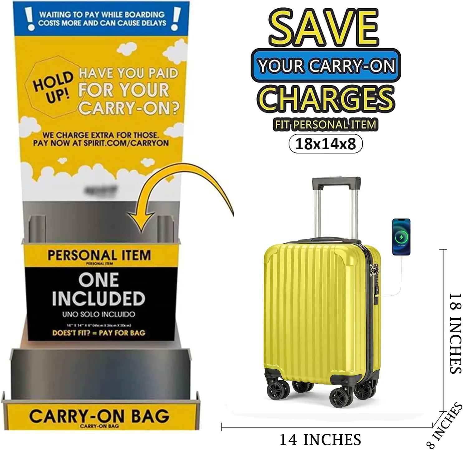 Personal Item Suitcase 18x14x8 Inches Hardside Built In TSA Lock & USB Port Lightweight Luggage With Removable Silent Wheels Underseat Carry-On Bag For Spirit and Frontier and More (Yellow)