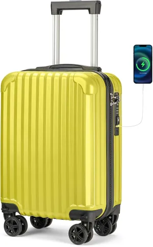 Personal Item Suitcase 18x14x8 Inches Hardside Built In TSA Lock & USB Port Lightweight Luggage With Removable Silent Wheels Underseat Carry-On Bag For Spirit and Frontier and More (Yellow)