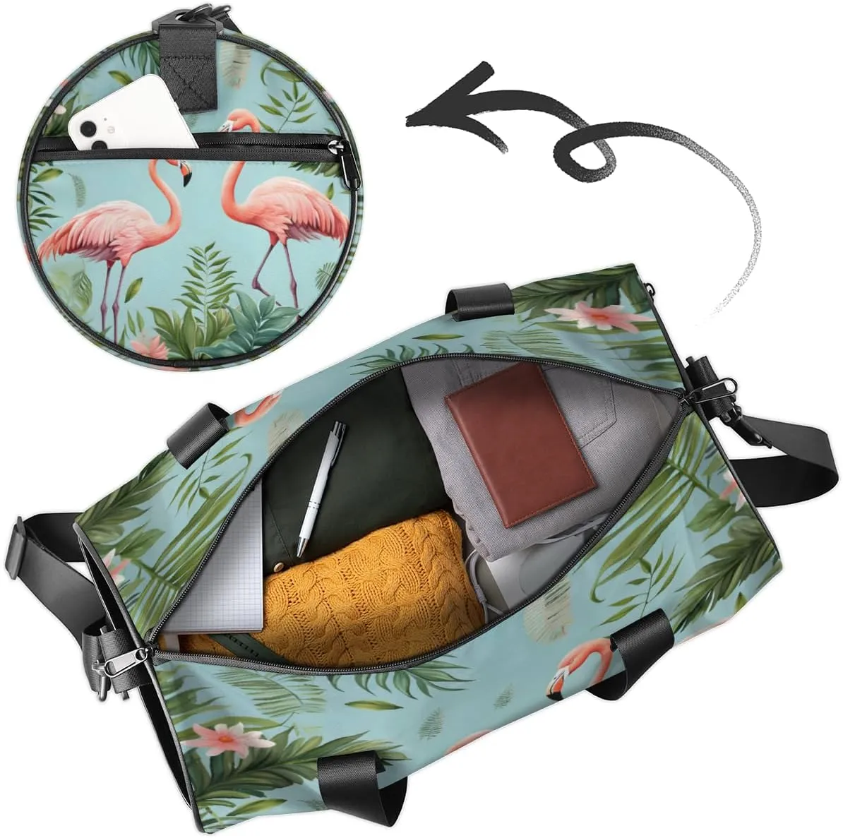 Personalized Bird Floral Sport Gym Bag, Custom Name Duffel Bags for Men, Waterproof Custom Sport Duffel Bag, Gymnastics Dance, Palm Leaves