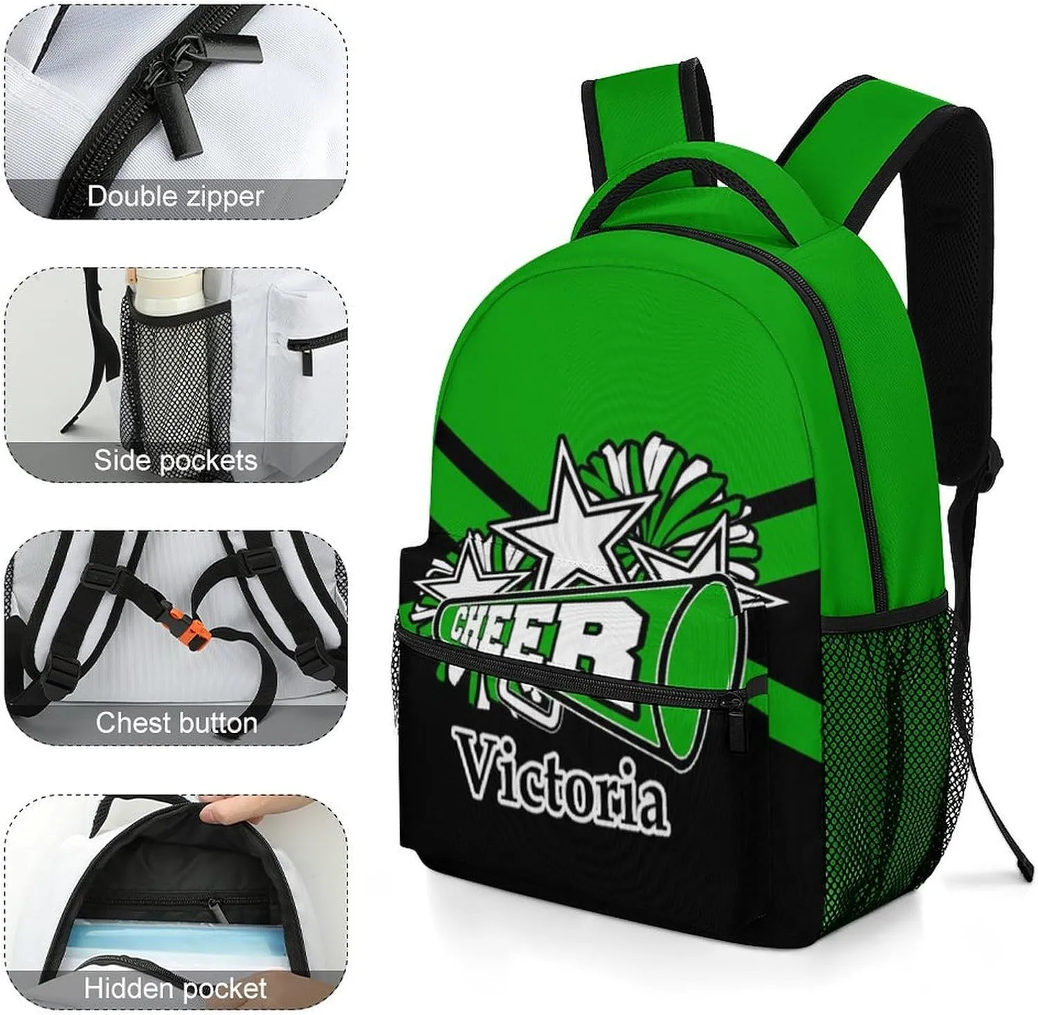 Personalized Cheer Bags Customized Cheerleader Shoulders Schoolbag with Name Casual Backpack for Birthday Travel Holiday (Green Black)