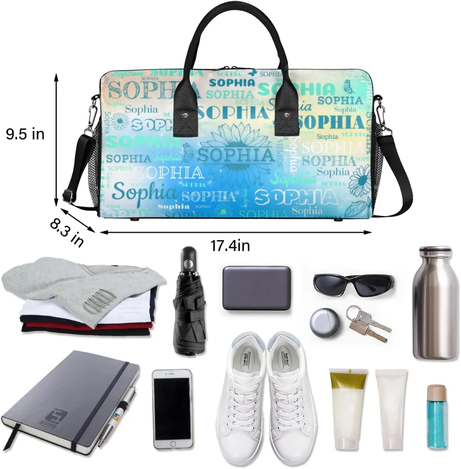 Personalized Dance Bag Gym Bag Teens, Custom Name Sport Ballet Dance Gear Fitness Duffle Gym Bag Travel Weekender Lightweight Bags, Gradient Light Blue with Floral