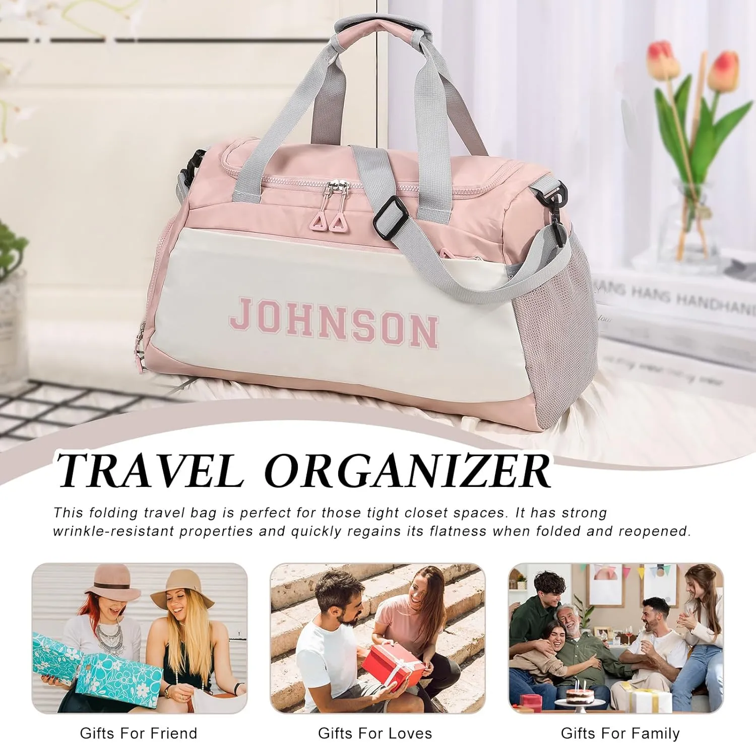 Personalized Duffel Bag Custom Sport Gym Travel Bags Embroidered Name Text Customized Dry Wet Separated Weekend Waterproof Bag for Women Men (A-pink)