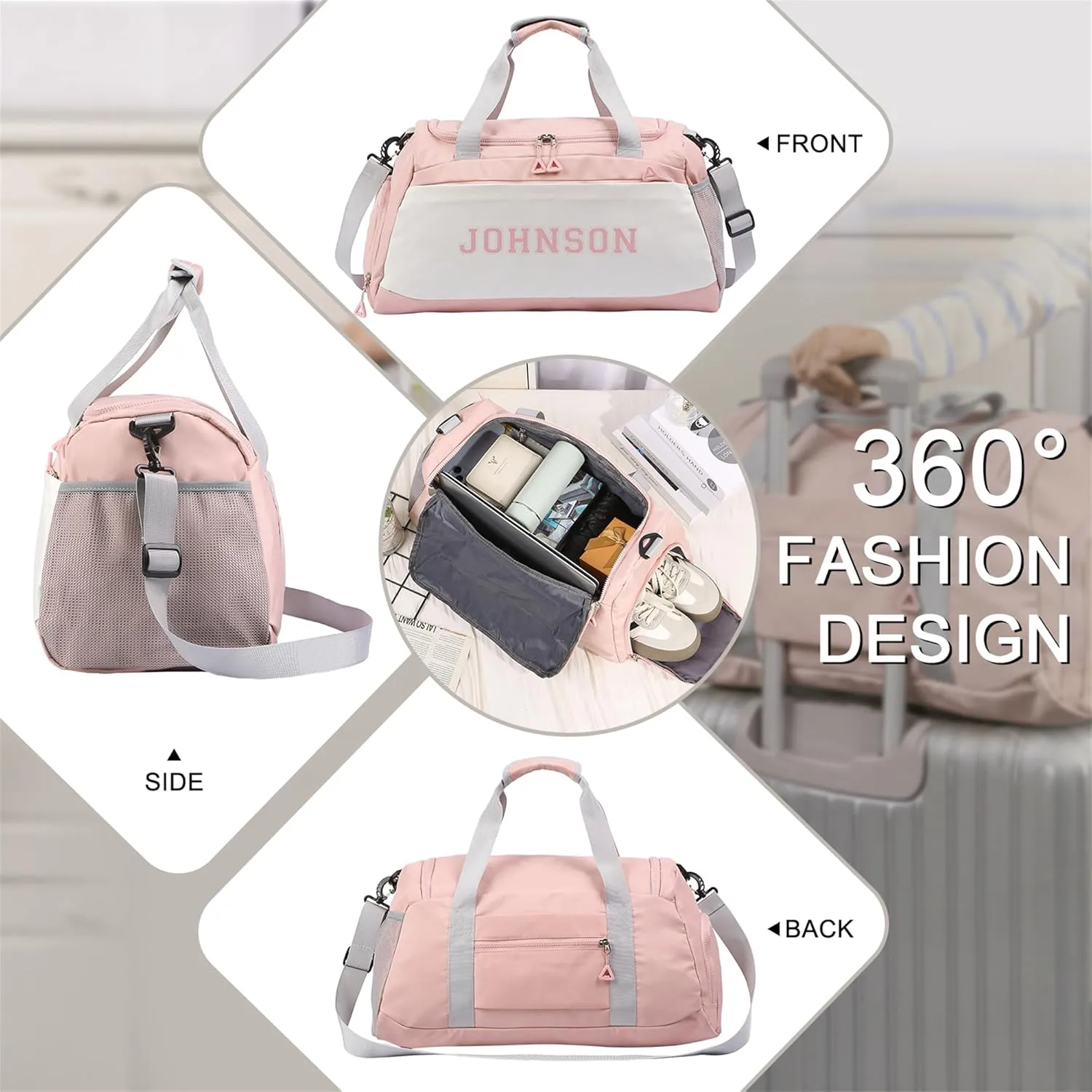 Personalized Duffel Bag Custom Sport Gym Travel Bags Embroidered Name Text Customized Dry Wet Separated Weekend Waterproof Bag for Women Men (A-pink)
